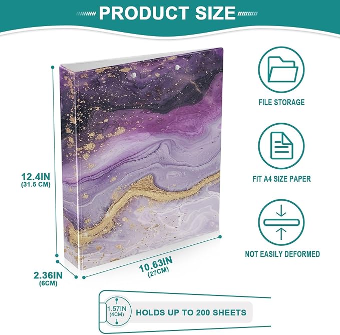 Purple Round Ring Binders 1.5 Inch White Pink Gold Marble Tie Dye 3 Ring Clipboard Binder for Office School Work Supplies File Folder Document 200 Sheet Capacity Easy Open