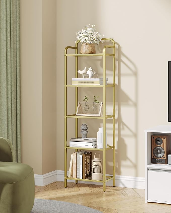 Hzuaneri Bookshelf, Tempered Glass Bookshelves with Lights and Steel Frame | Tall Narrow Bookcase , Display Shelf, Slim Shelving Unit for Living Room, Bedroom, 9.6"D x 15.4"W x 55.9"H Gold BC34599G