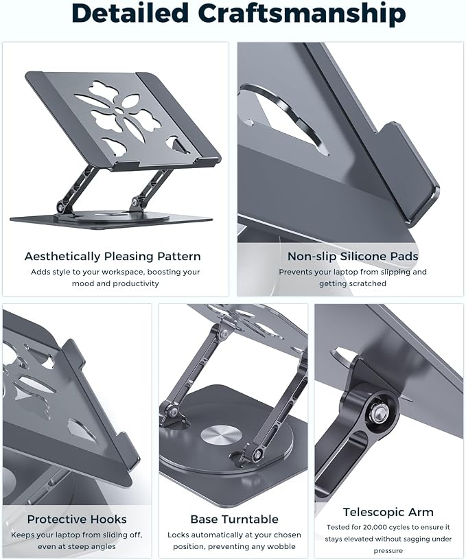 Aoviho 360° Rotating Laptop Stand for Desk | Adjustable, Foldable, Portable Aluminum Ergonomic Riser | Compatible with MacBook, Dell, HP & All Laptops 10-16 inch | Gray