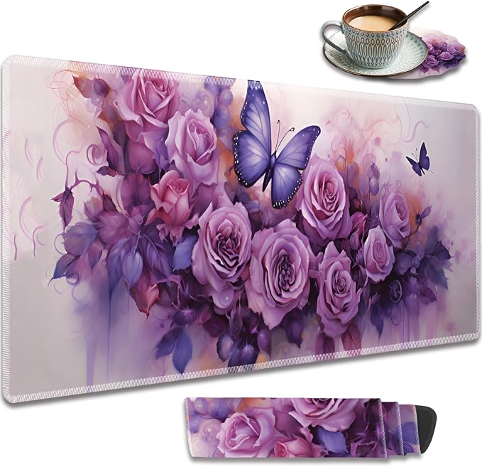 Extended Gaming Mouse Pad 31.5" x 11.8", with Edge Stitching, Non-Slip Rubber Base Keyboard Pad, Suitable for Work, Game, Office, Home and Coasters, Butterflies and Purple Roses