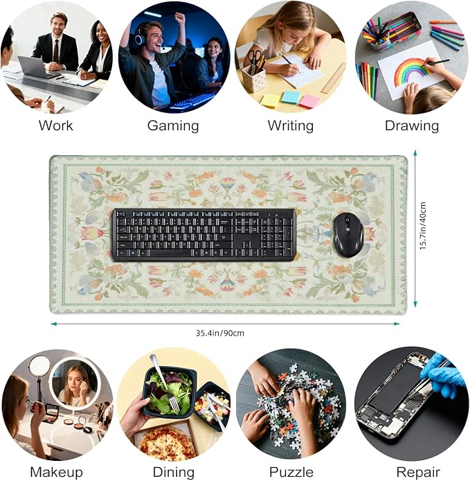Sage Green Floral XXL Desk Mat - Cute Large Mouse Pad with Stitched Edges & Anti-Slip Base for Computer, Keyboard, Laptop | Aesthetic Office Supplies & Desk Decor for Women, Home, Office