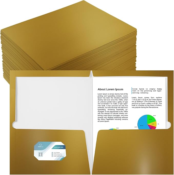 Yeaqee 100 Pack 2 Pockets Glossy Laminated Paper Folder First Day of School Presentation Folder Letter Size Two Pocket File Portfolio Holder Back to School Items Bulk for Teacher Office (Gold)