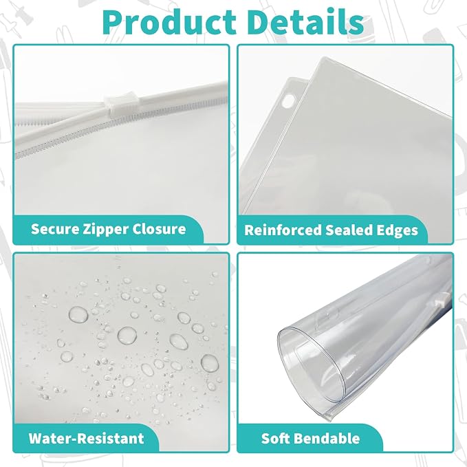 Binditek 10 Pack Zippered Binder Pockets, 3-Hole, Clear, White Zippers | Plastic Binder Pouches, Fits 3 Ring Binders, Waterproof PVC, Zipper Closure, Document Filing and Storage