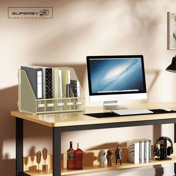 Desk Organizers Metal Desk Magazine File Holder with 5 Vertical Compartments Rack File Organizer for Office Desktop, Classroom, Home Workspace, Golden Yellow, Plus