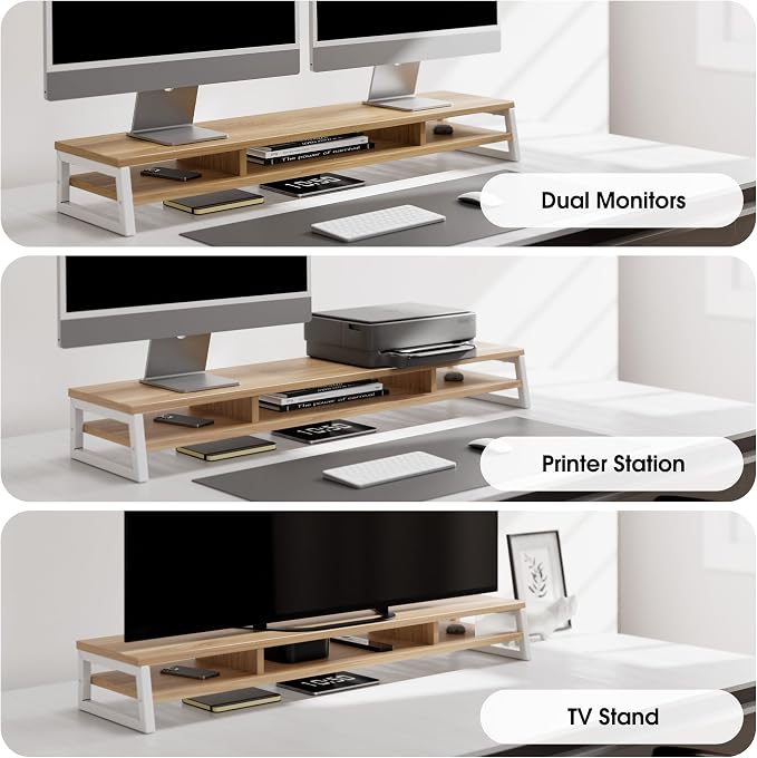 Fenge Dual Monitor Riser for Desk, Open Shelf with 3 Storage Compartments | 42.5in Computer Monitor Stand, 2-Tier Desk Shelf for Top of Desk,One-Piece Panel, fit Ultrawide Monitor, PC, Laptop, Dark Oak