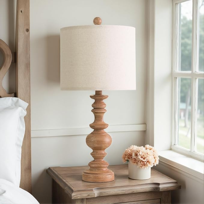 BOBOMOMO 24" Farmhouse Table Lamps Set of 2 – Rustic Light Brown Resin Bedside Lamps with Linen Shades, Medium Size Nightstand Lamps for Bedroom, Living Room, and Entryway, Ideal for Warm, Cozy Spaces