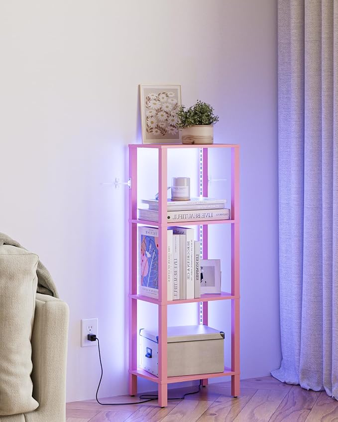 Open Book Shelf with LED Lights, 4 Tier Small Bookshelf, Freestanding Shelf Narrow Bookcase with Open Shelves, 14.96" x 10.63" x 41.26", Book Shelves for Living Room, Office, Study, Pink