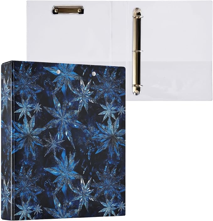 Blue Crystalline Snowflake 3 Ring Binder 1.5" Decorative D-Ring Binder with Clipboard&3 Clear Pockets, Holds 200 Sheets A4 Size Paper Waterproof Binders for School Home Office