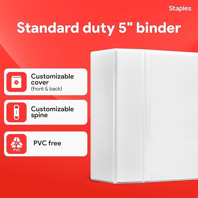 Staples 5" 3-Ring View Binder, D-Ring, White (55416/26360)