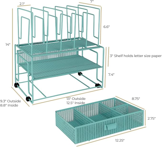 BLU MONACO Mint Green Desk Organizer With File Sorters and Drawer | Metal Mesh Desktop Storage for Office Supplies, Papers, Devices and Folders | 9.3”D x 12.5”W x 14”H All-In-One Workspace Holder