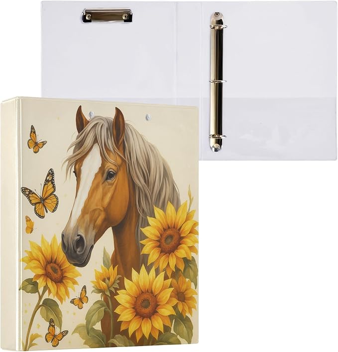 Horse Round Ring Binders 1.5 Inch Butterfly Sunflower 3 Ring Clipboard Binder for Office School Work Supplies File Folder Document 200 Sheet Capacity Easy Open 2 Pieces