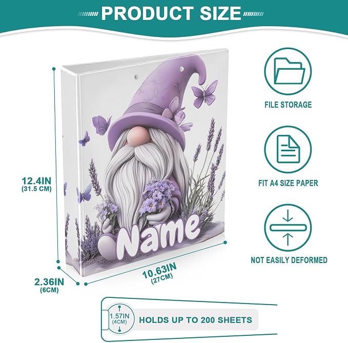 Custom 3 Ring Binder Gnome Purple Lavender Butterflies 1.5" Round Ring Binders Personalized Name View Binder with 200 Sheet for Kids School Supplies Women Men Office, 1 Pack