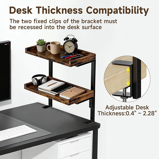 Clamp on Desk Shelf,2-Tier Office Desk Shelves Organizer, Expandable Under Desktop Storage,Wood Desktop Storage Rack for Home Workspace, Study Rooms,Gaming Devices (Brown)