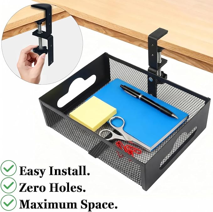 Under Desk Organizer 360° Swivel,No-Drill Clamp-On,Holds Up to 7lbs | 360° rotation,no-drill clamp,holds up to 7lbs, cup holder,mesh storage,office/kitchen/art use