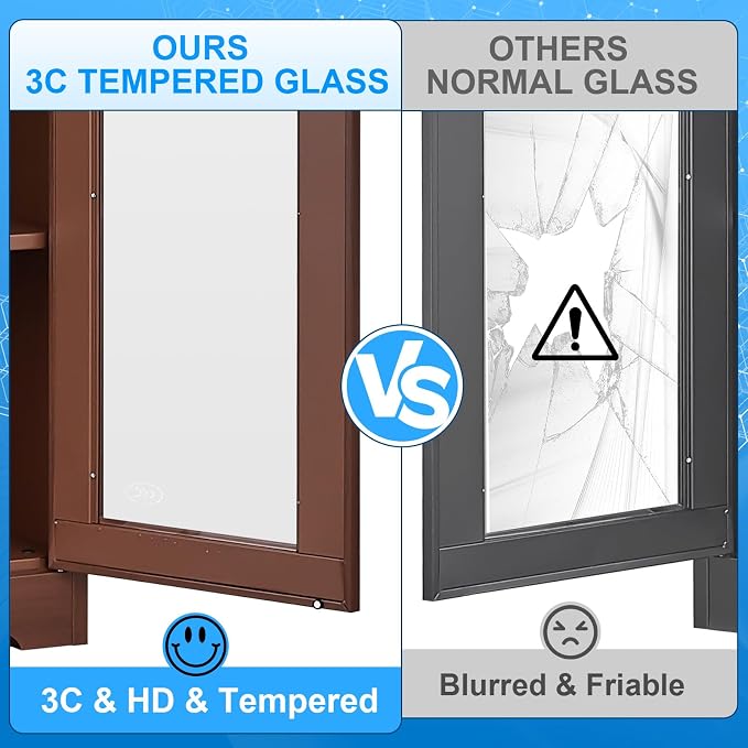 Polup 71" Wood Grain Metal Glass Display Cabinet with Security Lock | 5-Tier Curio Case & Tempered Doors, 4 Adjustable Shelves, Heavy-Duty China Storage for Living Room, School & Commercial