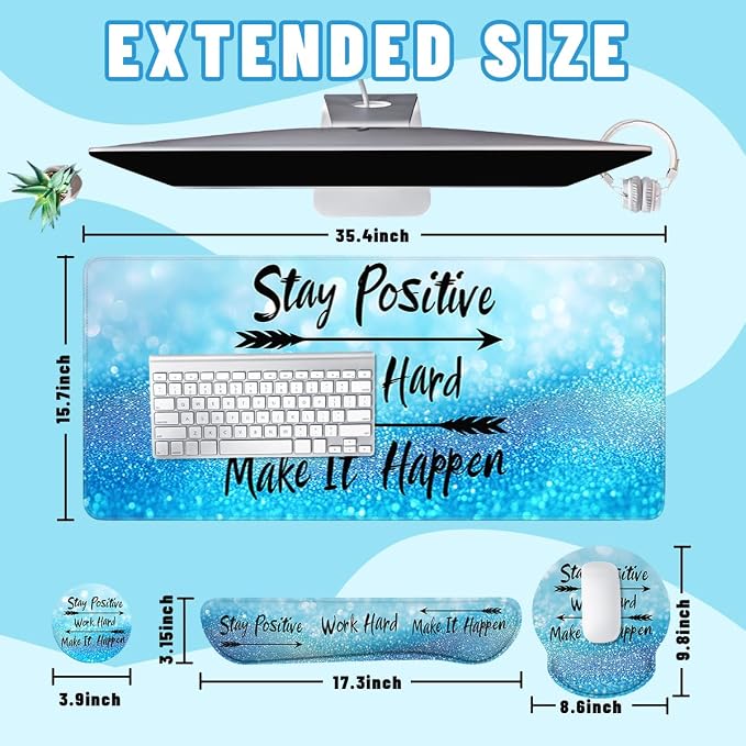 Motivational Quote Mouse Pad Set Stay Positive Work Hard Blue Gaming Mousepad 4in1 Desk Mat for Desktop Anti-Slip XXL Big Computer Ergonomic Mousepad with Wrist Support for Keyboard and Mouse