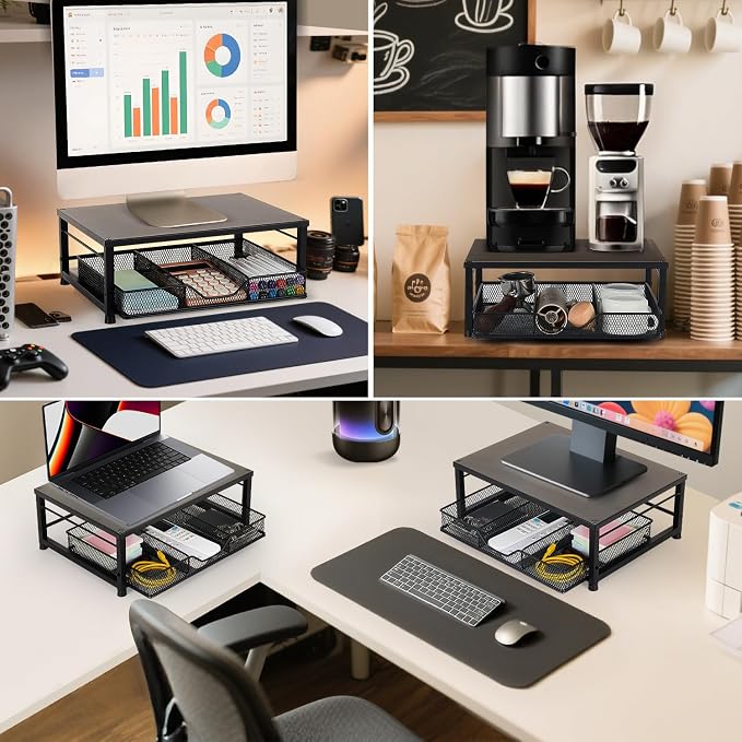 Small Laptop Stand for Desk, Monitor Stand Riser, Desk Organizer for Office Organization, Office Desk Accessories, Computer Desktop Stand with Drawer for Home, Office, School (Black)