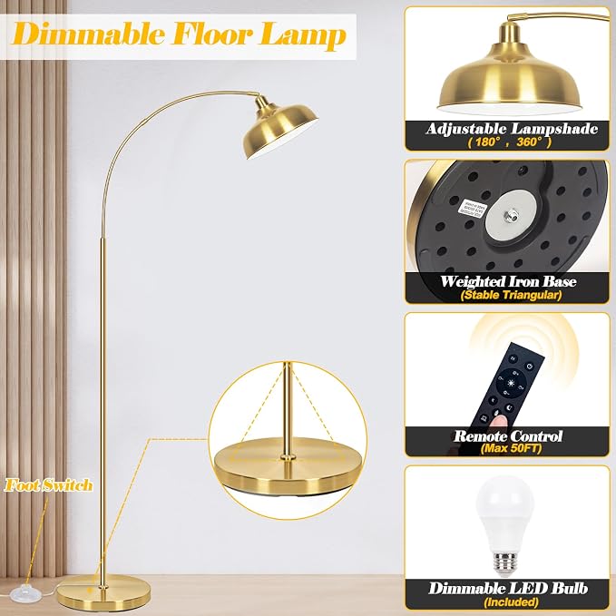 Gold Floor Lamps for Living Room- Arc Floor Lamps over Coach Lamp 70” | Dimmable Floor Lam with 9W Bulb, 360° Adjustable Metal Shade, Remote Control, Gold Mid Century Modern Floor Lamp for Bedroom
