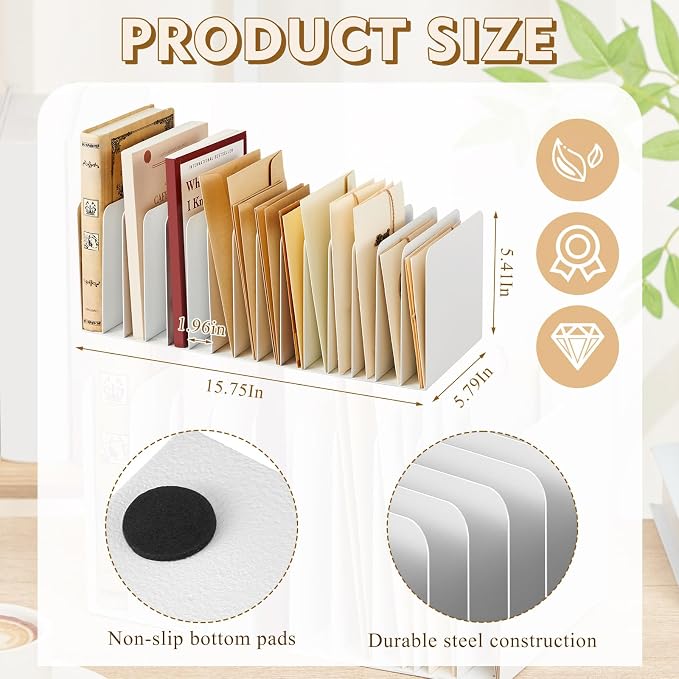 Suzile Metal Desktop File Organizer, 15 Compartments, Vertical File Sorter, White, 5.79" W x 15.75" L x 5.41" H, Office, Reception Areas, Workspace
