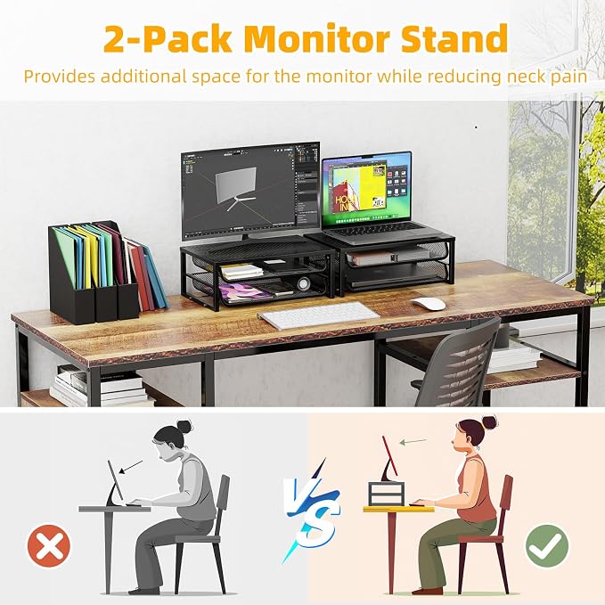 Ekisemio 2-Pack 2-Tier Monitor Stand Riser with Drawer, Metal Computer Desk Organizer for Home Office, Black
