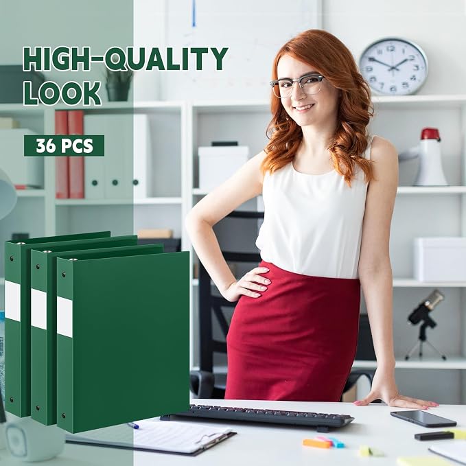 Henoyso 36 Pack 1 Inch 3 Ring Plastic Binders, Bulk Flexible PP Binders for Classroom & School Supplies, Letter Size 8.5 x 11, Holds 240 Sheets with Interior Pocket (Dark Green)