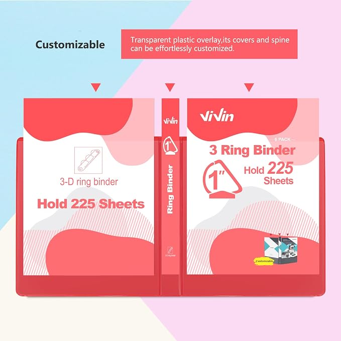 ViVin Sturdy 1 Inch D Ring Binders with 2 Pockets, 6 Pack, Red | 3 Ring Binders with Clear View Cover, Hold 225 Sheets of US Letter Size Paper, PVC-Free for Office, Home, School