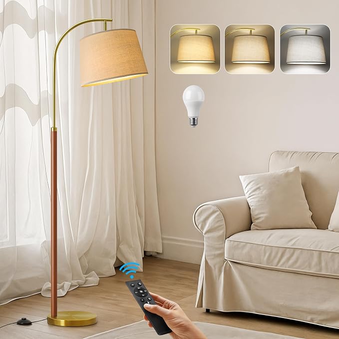 G-SAFAVA Real Wood Floor Lamps for Living Room Bedroom, 62.5" Mid Century Modern Lamp Gold Standing Tall Arc Lamps with Foot Switch, Floor Lamps for Nursery Office Decor Corner Reading Room Light