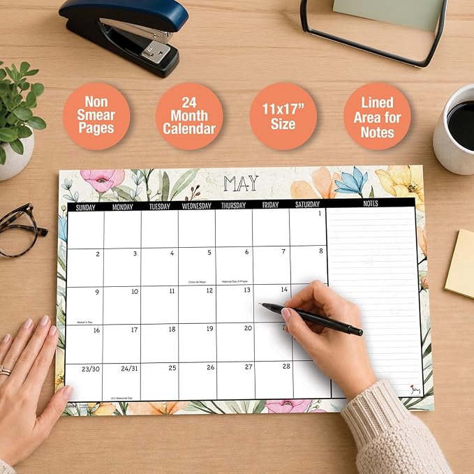 Current 2027-2028 Desk Calendar Pad | Meadow Dance, 11” x 16.25”, Large, 2024-Month, 12 page Designs, Self-Stick Magnet Strips