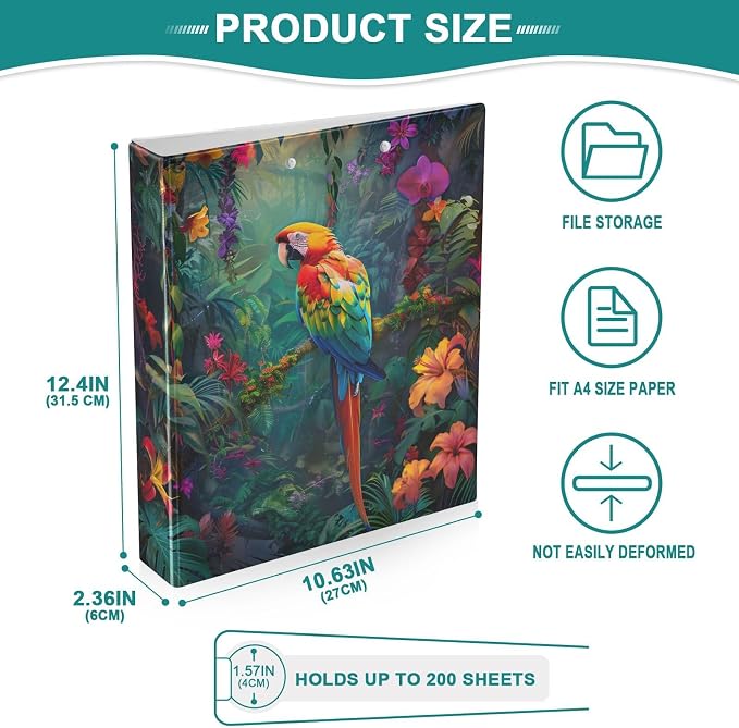 JIPONI 3 Ring Binder Parrot Macaw Tropical 1 Inch Round Binders for Men Women Students, Cute File Organizer for Office Home School