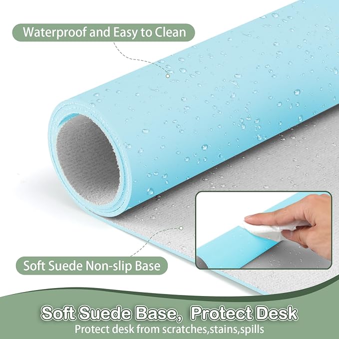 Boutilon Leather Desk Pad Protector,Non-Slip Mouse Pad,Laptop Desk Pad,Office Mouse Mat,Waterproof Leather Desk Blotter,Desk Writing Pad for Office and Home (M-Light Blue,30"x14")