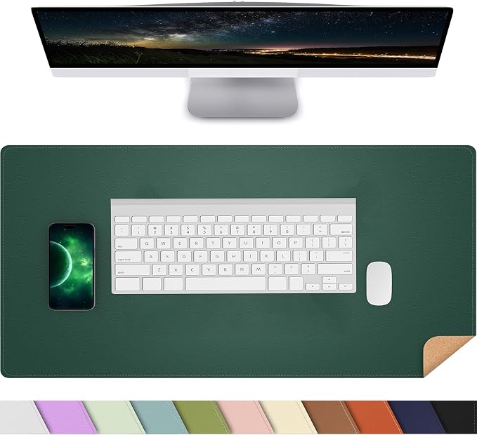 AFIING Cork Desk Mat, Dark Green, 23.6" x 13.7", Desk Pad Protector | Dual-Sided & PU Leather, Waterproof, Non-Slip for Mouse Pad, Writing, Home Office& Laptop