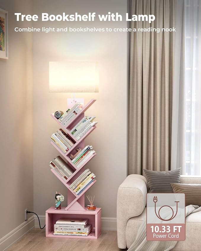 Evermagin 6 Tier Tree Bookshelf with Light, Bookcase, Pink | Narrow Tower Design, Storage Cabinet for Book Organization, Tall Floor Standing Use, Living Room, Bedroom and Home Office