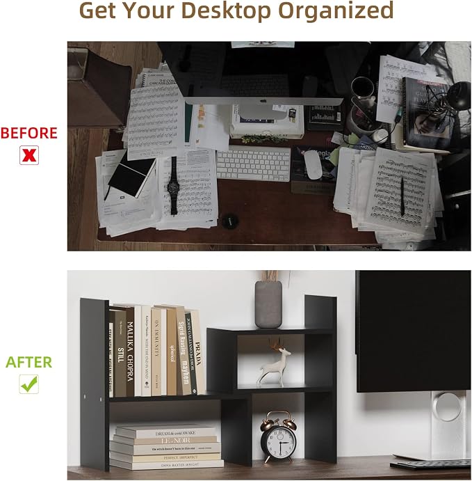 TY ARTS & CULTURE Expandable Black Wood Desktop Organizer-Desk Bookshelf | adjustable wood shelf, countertop desktop storage, home office stationery rack,Multipurpose bookcase,tabletop display