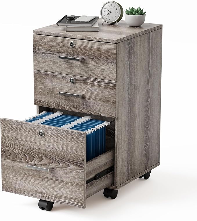 VINGLI 3-Drawer File Cabinet with Lock, Wood Rolling Filing Cabinets for Home Office, Mobile Printer Stand, Under Desk File Organizer for Letter Sized Files, 26" H(Caster Included),Gray Oak