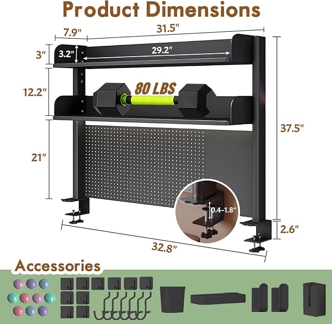 Clamp On Desk Shelf Organizer with Pegboard Desk Hutch Dorm with Storage Bookshelf Desk Top Organizer Shelf Multi-Purpose White & Black Desktop Shelves & Office Shelves (Black, W - 31.5")