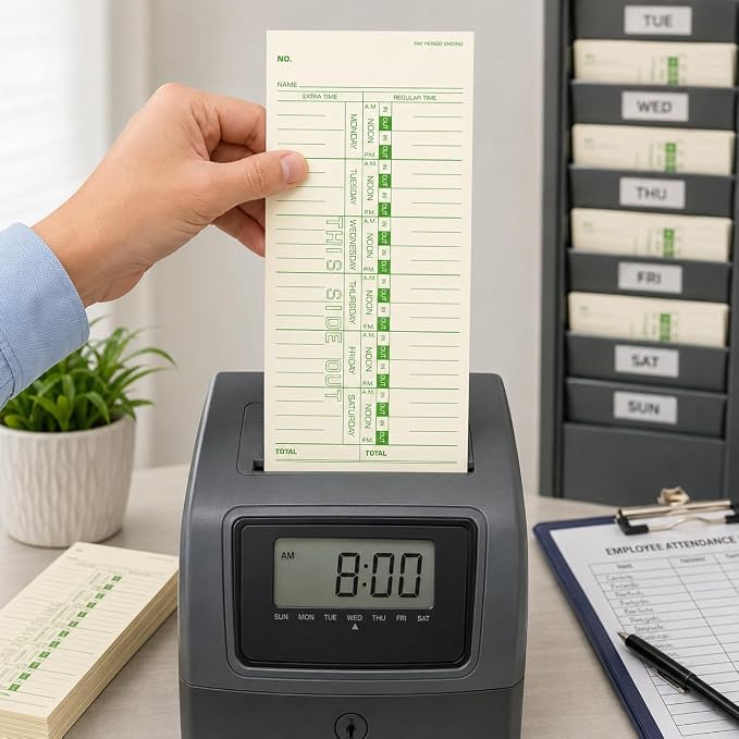 Weekly Time Cards 1-Sided, 3-1/2" x 9", Named Days, 100-Count,Time Cards for Employees, Green Print, Timecards for Time Clocks