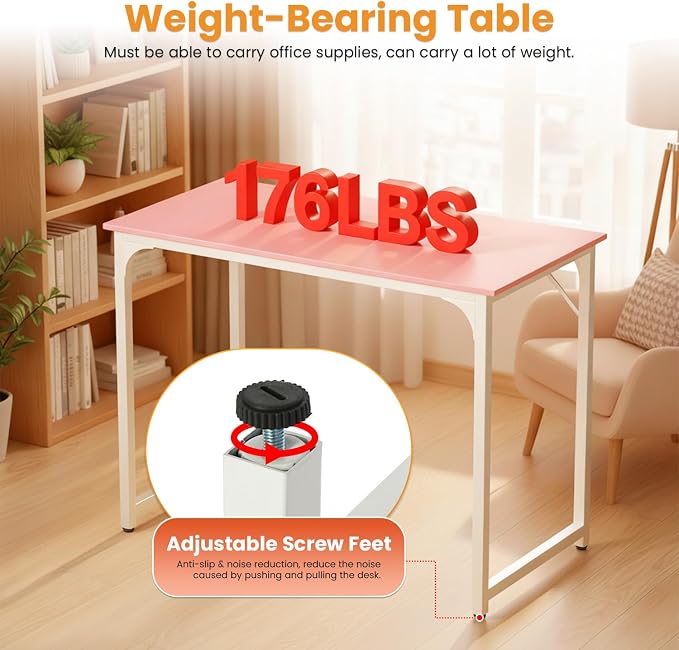 PayLessHere | 39 Inch Computer Desk | Pink | Office Desk with Metal Frame, Adjustable Feet | Water-Resistant, Scratchproof Surface | Sturdy Writing Table for Home Office or Study | Pack of 1
