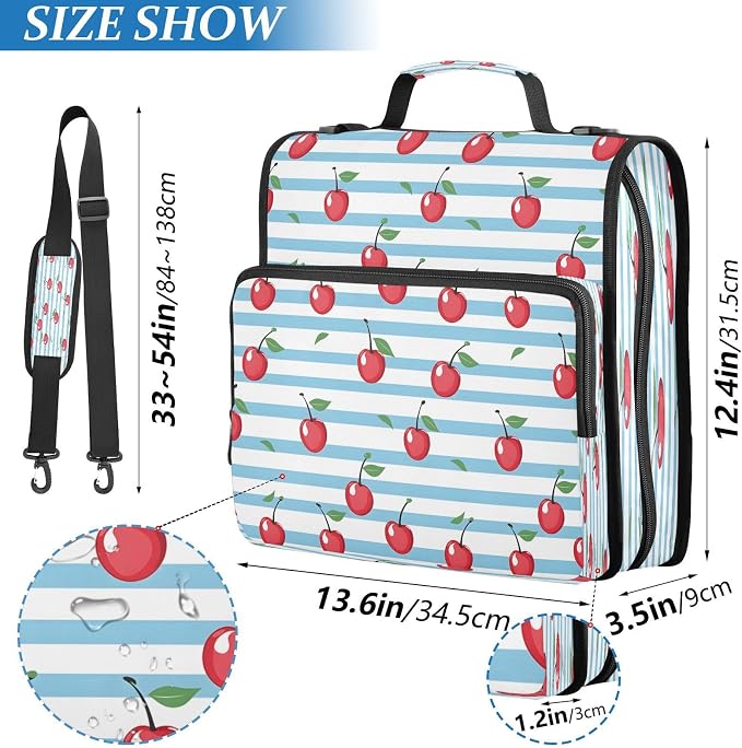 ALAZA Zipper Binder 3 Ring Cherry Berry Blue Stripes Binder Organizer with Zipper and Shoulder Strap Large Capacity Multi-Pocket Trapper Keeper File Folder for Office Supplies