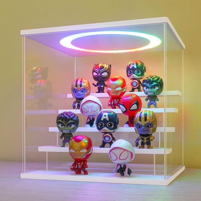 LANSCOERY Acrylic Display Case with RGBW Lights, 5 Tier White | 11.8 x 11 x 11.8 in case displays small figures on desks or shelves with tiered rows and front access.