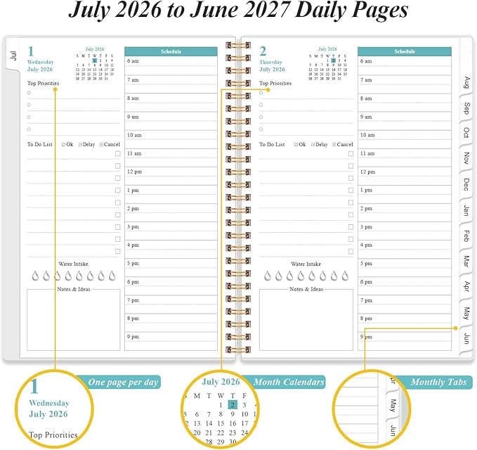 Daily Planner 2026-2027 Full Page Per Day- 2026-2027 Daily & Monthly Planner from July 2026 to June 2027, Day Planner 2026-27 with 12 Months Tabs, 6.4" x 8.5", Black Flowers