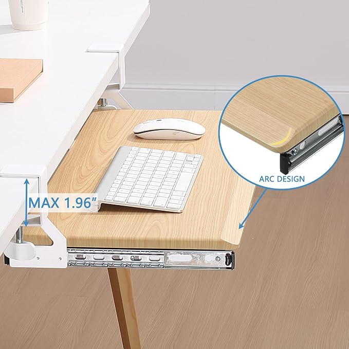 ETHU Under Desk Keyboard Tray - Small Slide Out Keyboard Shelf with C Clamp Mount, 19.7" x 11.8" Ergonomic Pull Out Tray for Home Office Desk,Oak