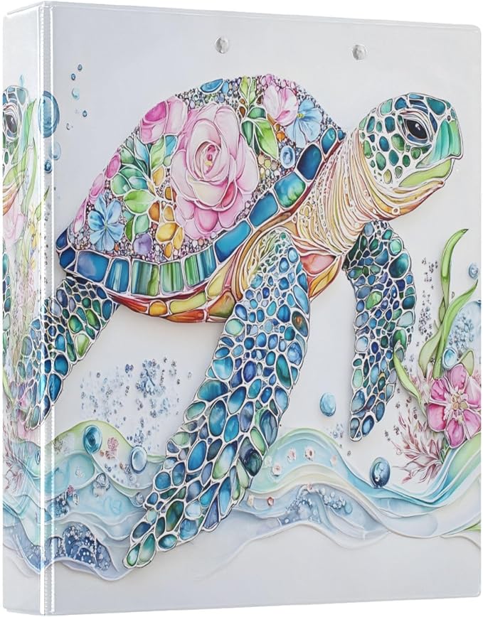 3 Ring Binder Sea Turtle Floral Ocean Map Nautical Coastal 1.5 inch Binders Three Ring Binders with Clipboard Fit 8.5'' x 11'' Paper 3 Interior PVC Clear Pockets for Office Supplies