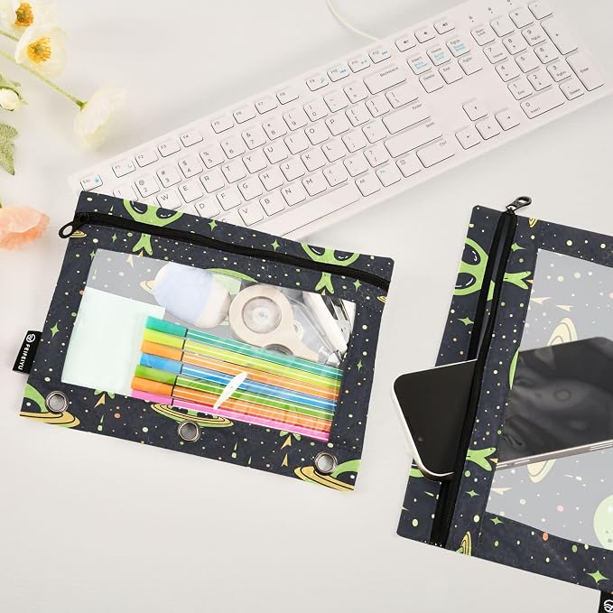Green Aliens Space Pencil Pouch for 3 Ring Binder, 2 Pack Waterproof Pencil Bags Clear Window Pencil Case Zipper School Office Supplies
