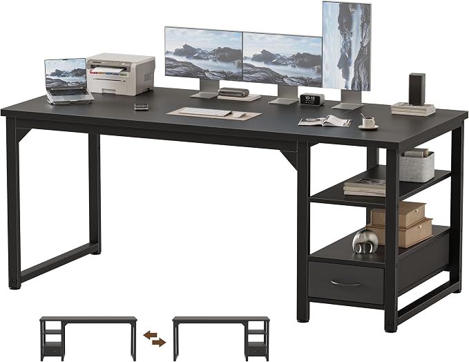 63 in Computer Desk with Drawer, 1" Thick Reversible Office Desk | Large Modern Writing Table with Storage Shelves, Heavy Duty Industrial Executive Desk for Home Bedroom Study Work