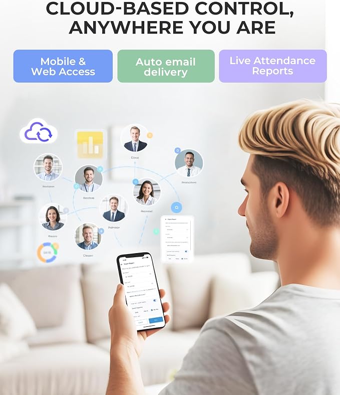 NGTeco Cloud Time Clock for Small Business, Real Remote Access, Auto Report | Employee Time Clock with Fingerprint/RFID Check-in, Customizable Shift, 2.4G/5G WiFi, 2000mAh Battery, 10 Card, 0 Monthly Fee