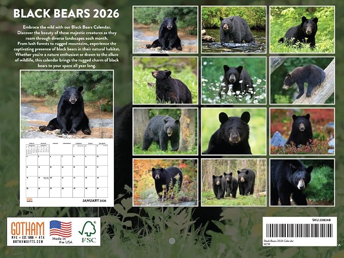 Black Bear Calendar 2026 Monthly Wall Calender 12 Month | American Made In The USA