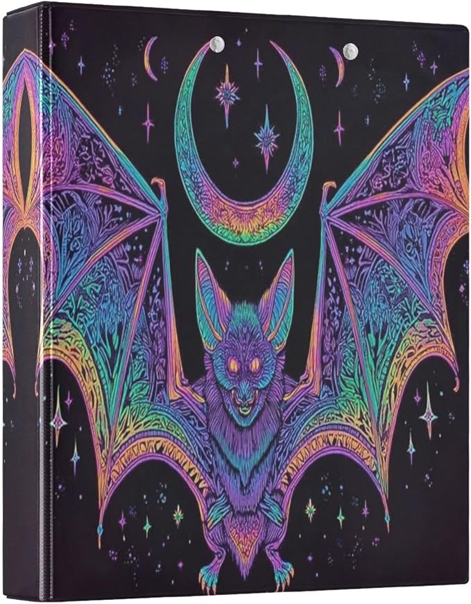 Neon Bat Goth Moon 3 Round Ring Binders | 1.5 Inch Binder with Clipboard, PVC Pockets, Work Organizer, Holds 200 Sheets for School Office 1 Pack