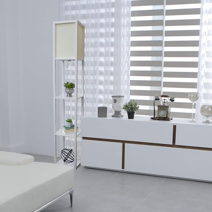 Simple Designs LF1014-WHT-LB Three Shelf Etagere Organizer Storage Floor Lamp with White Linen Shade for Living Room, Bedroom, Office, Hallway, White, with Feit LED Bulb Included
