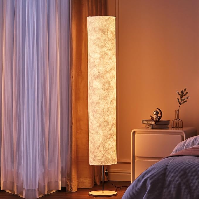 LONRISWAY 58" Modern Floor Lamp with Tyvek Fabric Shade 3000K Warm White LED Slim Standing Light,Column Cylinder Paper Lantern Floor lamp for Living Room, Bedroom, Game Room