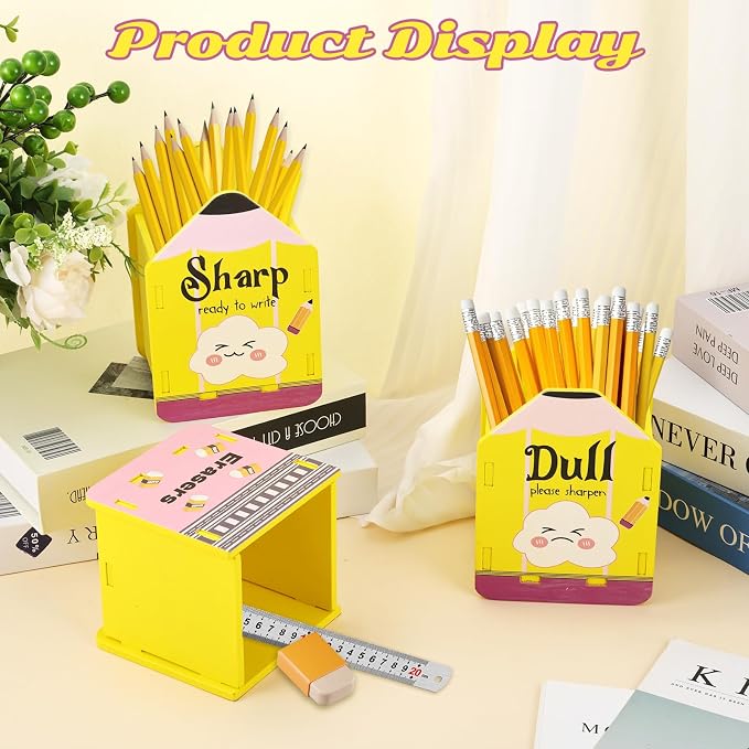 3 Pcs Pencil Shaped Holder Eraser Storage Bucket Wooden Sharp and Dull Holder Cute Wood Pencil Dispenser for Back to School Classroom Students Teachers Office Desk Organization Accessories